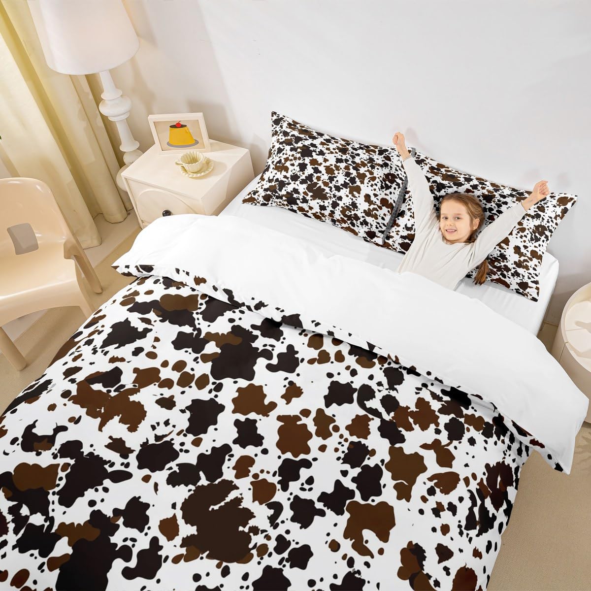 Homewish Cow Print Duvet Cover Set King Size Brown and White Cow Fur Bedding Set 3pcs for Kids Boys Teens Room Decor, Farm Animal Print Comforter Cover Cowhide Bedspread with 2 Pillowcases