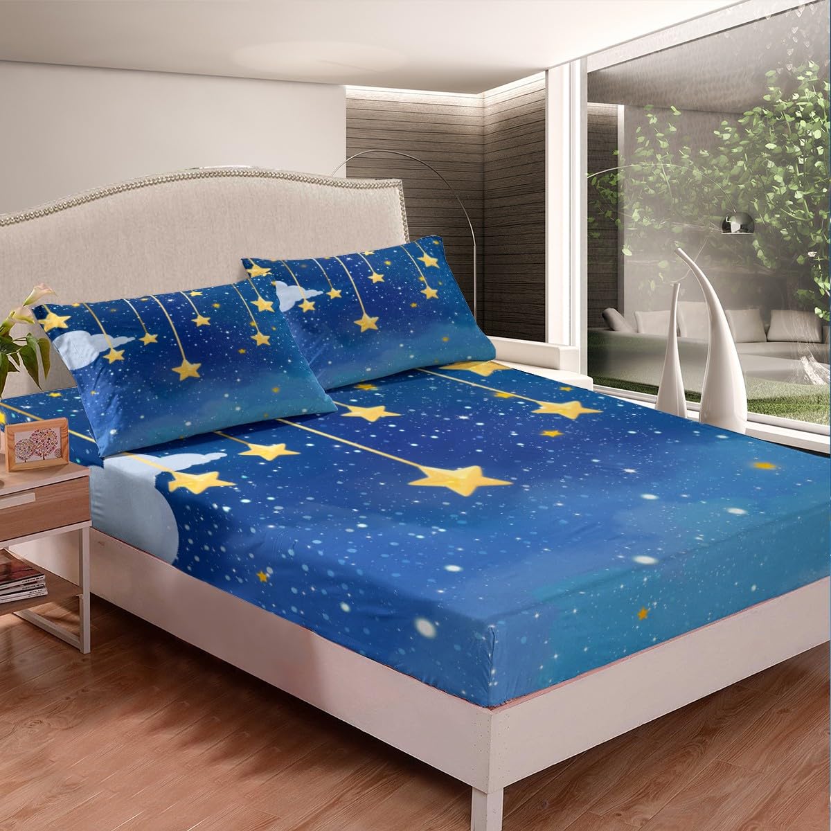 Galaxy Kids Fitted Sheet Full Size,Moon Night Starry Sky Romantic Bedding Set,Boys Girls Room Decor,Sparkling Sequins Print Bed Cover,Blue Yellow Bed Sheet,2 Pillowcases