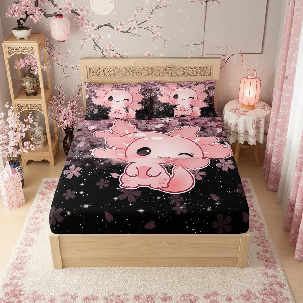 QOOMO Kawaii Axolotl Bedding for Boys and Girls Pink Cherry Blossom Super Soft Kids Bedding Set Sparkling Stars Breathable Room Decoration Twin Size 1 Fitted Sheet, 1 Flat Sheet, 2 Pillow Cases