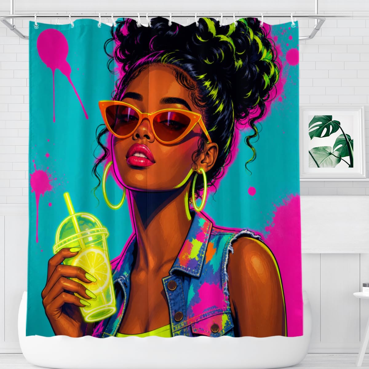 TopPacific Tropical Drink Woman Shower Curtain 72x72 Inch Shower Curtain with 12 Hooks Polyester Woman Sunglasses Tropical Drink Teal Pink Background Bathroom Decor
