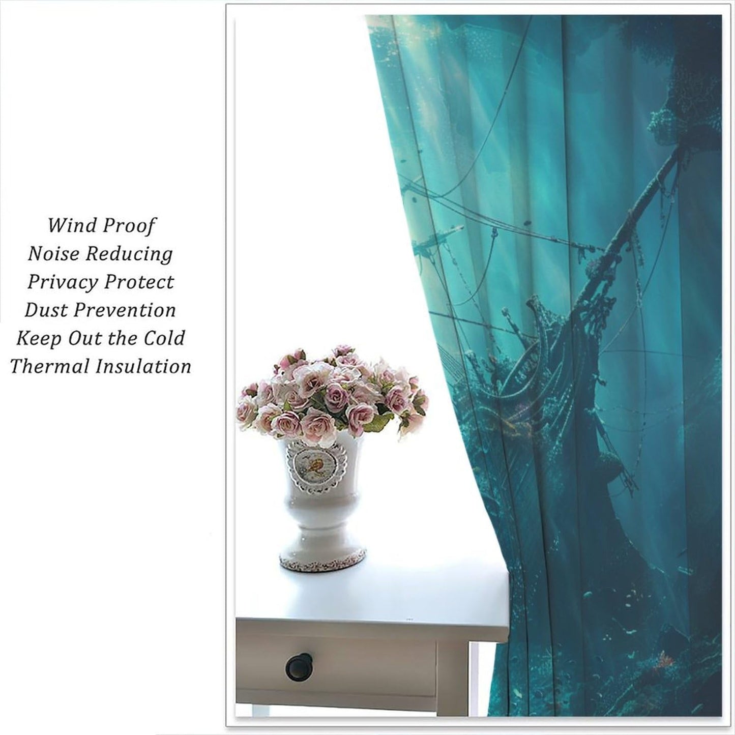 TOWINSFB Ancient Pirate Ship Blackout Curtains, Fish Shoal Mysterious Undersea World Coral Home Decor Rod Pocket Window Drapes for Living Room Bedroom - 42" W x 63" L