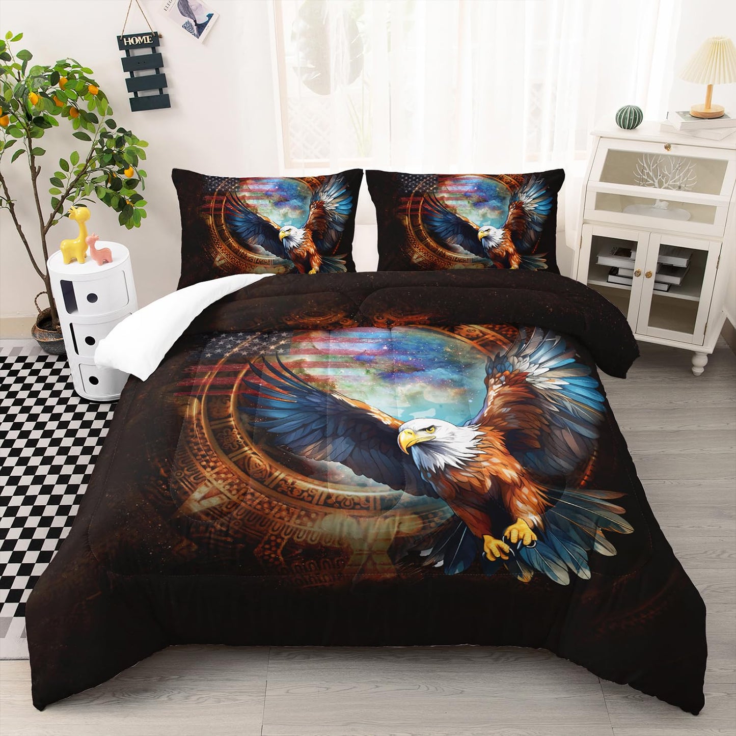 Nttopship Eagle American Flag Comforter Set,3 Pieces Eagle Bedding Queen Size United States Flag Lightweight Down Alternative Comforter 2 Pillowcase All Seasons
