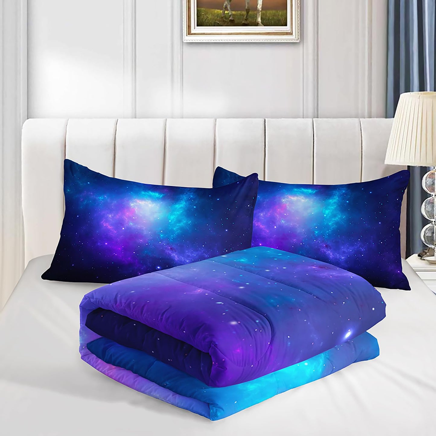 XYNHML Blue and Galaxy Comforter Full Size for Girl Boy Adult 3Pcs Universe Outer Space Starry Sky Bedding Set Psychedelic Space Night Pattern Quilt Bed Set with 2 Pillow Cases