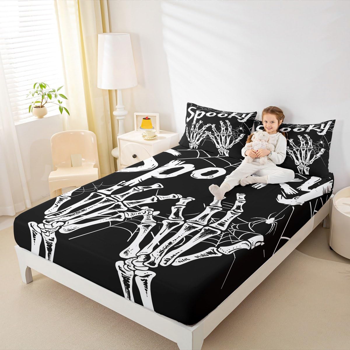 Feelyou Halloween Decor Fitted Sheet Full Size for Kids Boys Girls Skeleton Bones Bed Sheets Set 16" Deep Pocket Soft Breathable Microfiber Gothic Bedding with 2 Pillowcases Spider Web Room Decor