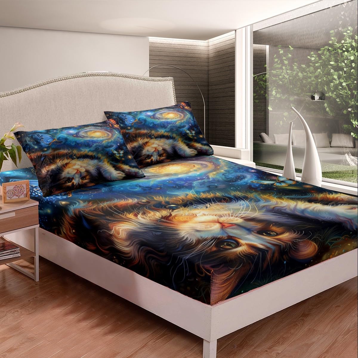 Cute Cat Kids Fitted Sheet Full Size,Glitter Starry Sky Galaxy Bedding Set,Boys Girls Room Decor,Cartoon Animal Pet Rustic Farmhouse Bed Cover,Blue Black Bed Sheet,2 Pillowcases