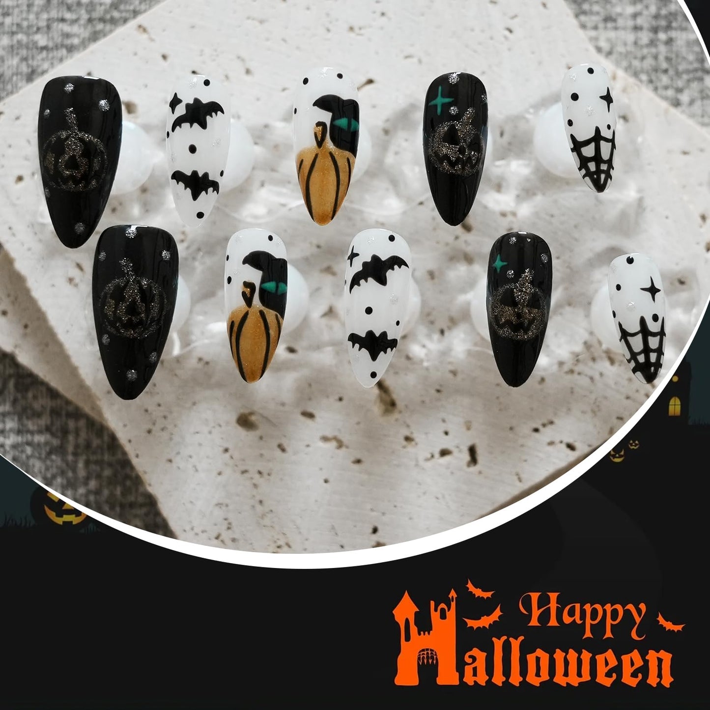 Tesytto 10pcs Handmade Press on Nails Almond - Halloween 3D Bat & Pumpkin Designs, Black White Cobweb Reusable Acrylic Nails for Women (Spooky Vibes,M)