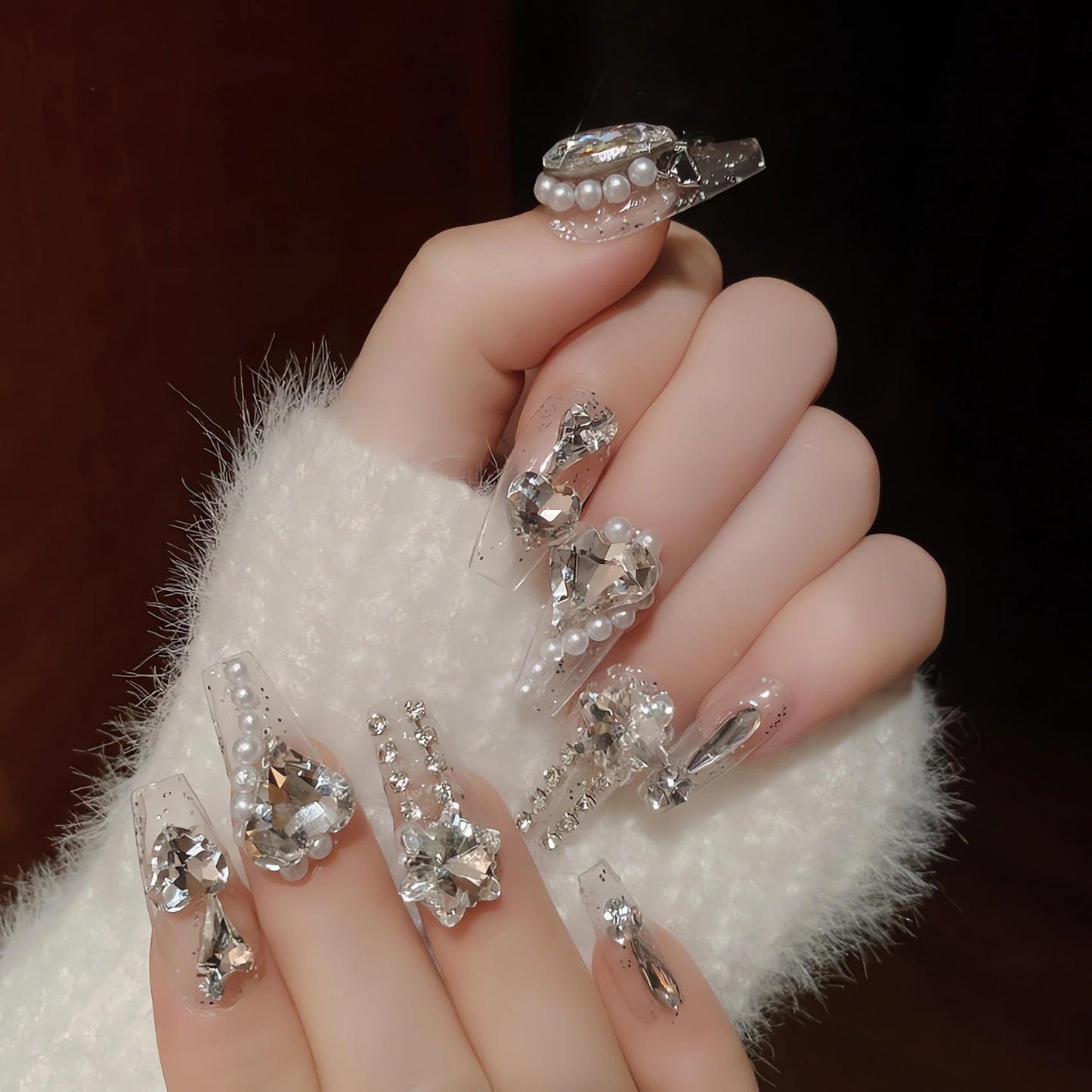 IMSOHOT Long Coffin Press on Nails Clear Heart Rhinestone Fake Nails with Designs White Glitter Luxury Ballerina False Nails Glossy Full Cover Acrylic Glue on Nails for Women 24Pcs