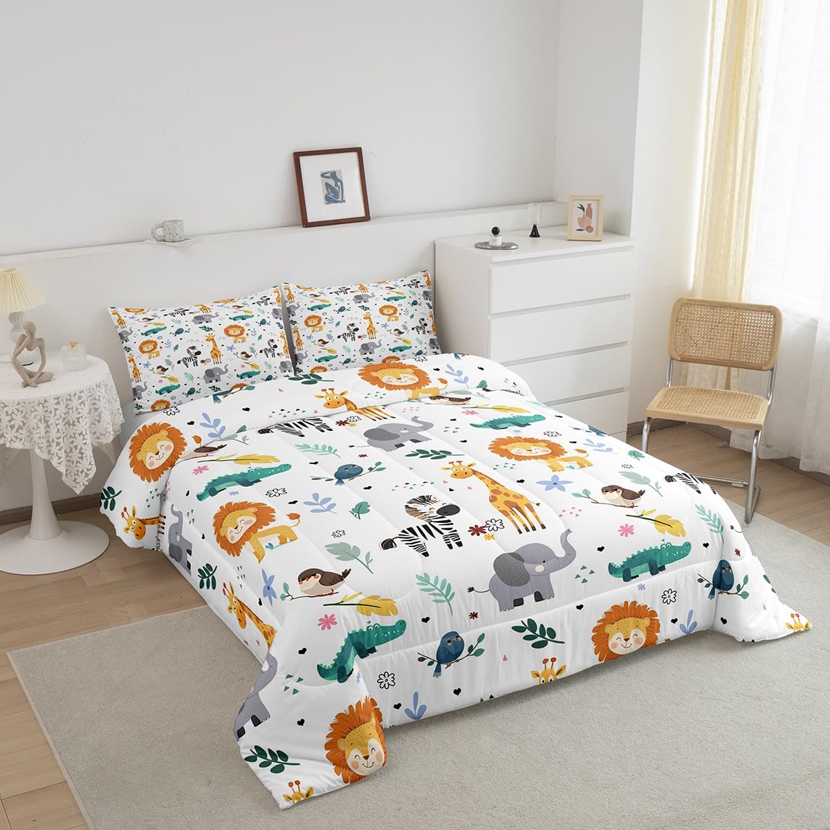 Erosebridal Queen Size Zoo Animal Comforter Set, Giraffe Lion Elephant Bedding Set, Cute Wild Animals Down Comforter for Kids Teens Boys Girls Bedroom, Cartoon Safari Wildlife Quilt,Lightweight