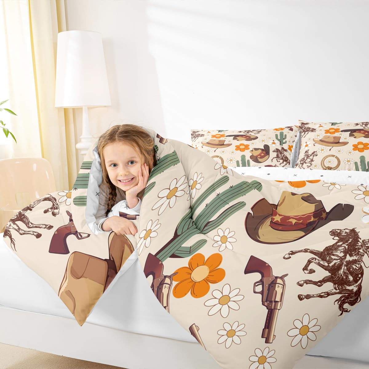 Feelyou Western Comforter Set All Season Cowgirl Floral Bedding Set with 2 Pillow Cases Western Cowboy Boots Kids Full Bedclothes Wild West Cactus Flower Bedroom Decor Pale Beige Duvet Quilt Soft
