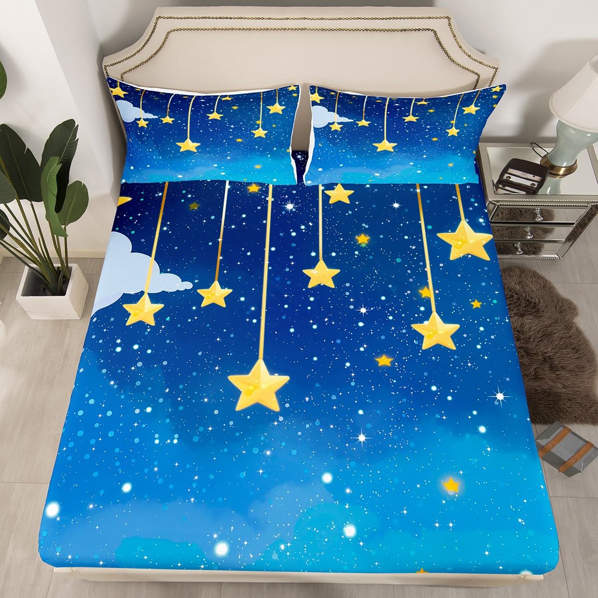 Galaxy Kids Fitted Sheet Full Size,Moon Night Starry Sky Romantic Bedding Set,Boys Girls Room Decor,Sparkling Sequins Print Bed Cover,Blue Yellow Bed Sheet,2 Pillowcases