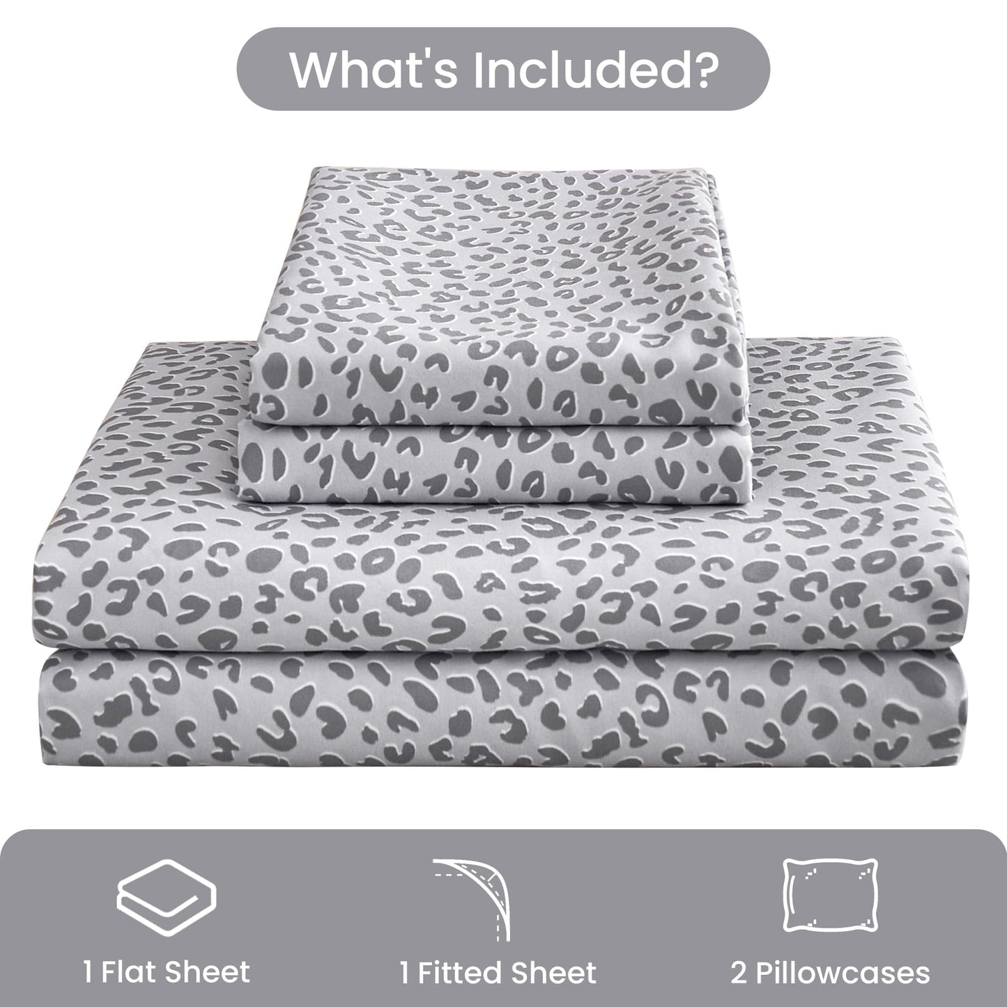 Mooreeke Leopard Cheetah Printed Queen Bed Sheets, Soft Microfiber Bedding Sheets & Pillowcases, Deep Pocket Non-Slip Fitted Queen Sheet, Silver Grey Animal Pattern Bedsheets