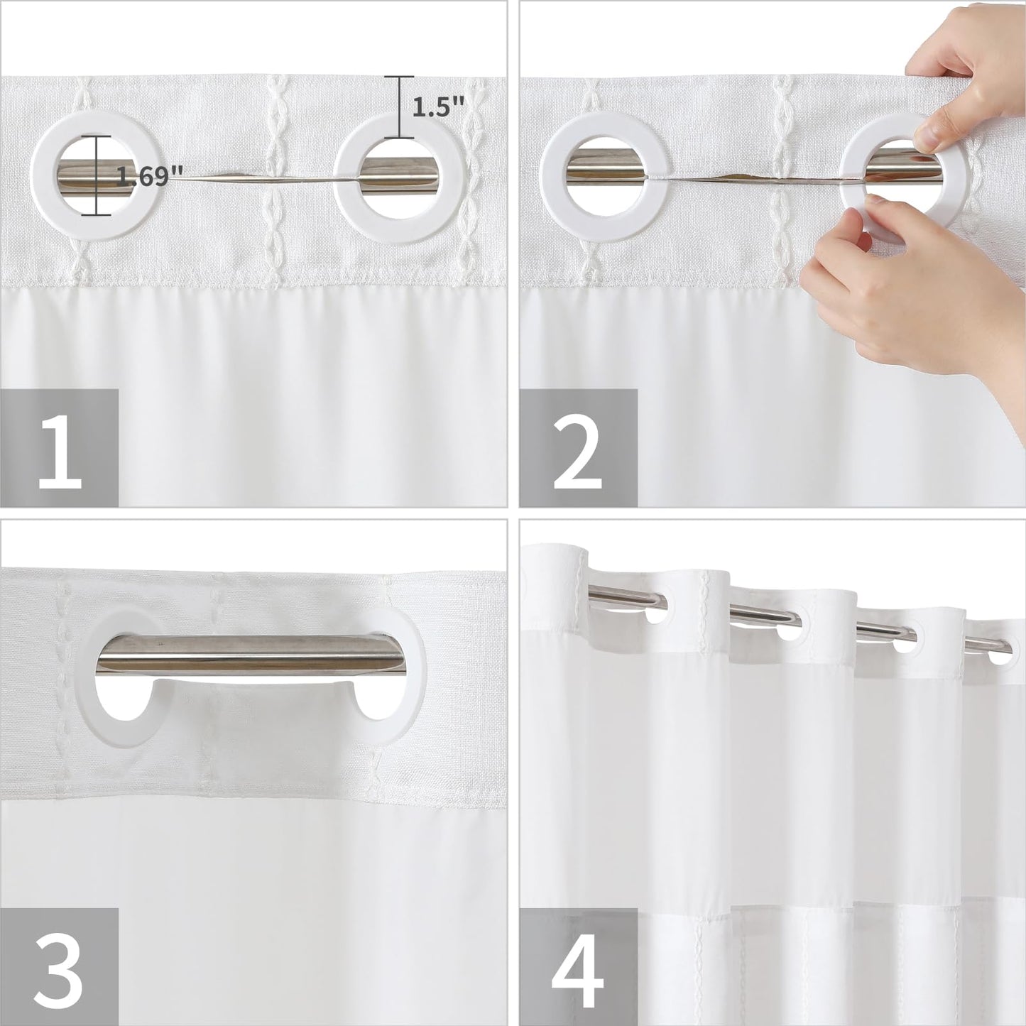eachope White Farmhouse No Hook Shower Curtain Set with Snap-in Fabric Liner,Boho Heavy-Duty Linen Textured Rustic Striped Design,Water-Repellent with Tassels and Sheer Window,71x74