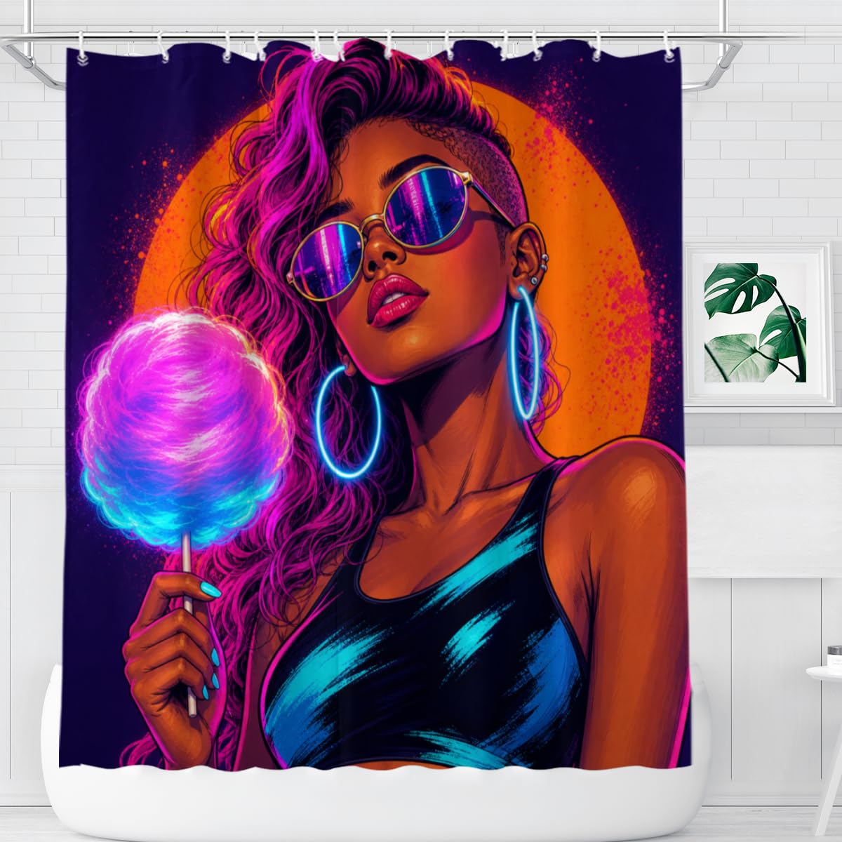 TopPacific Cotton Candy Woman Shower Curtain 72x72 Inch Shower Curtain with 12 Hooks Polyester Woman Sunglasses Cotton Candy Neon Circle Background Bathroom Decor