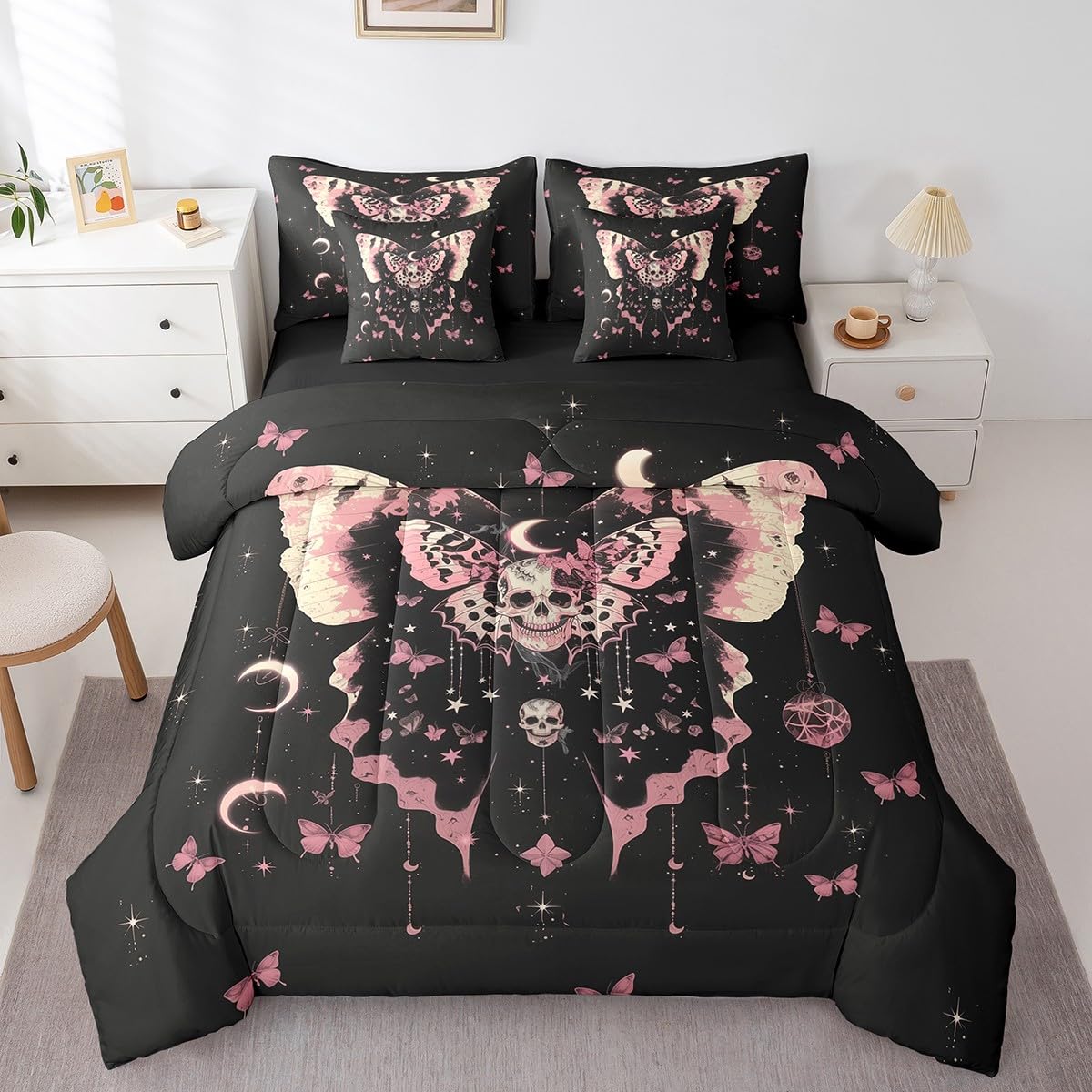 Feelyou Death Moth Skull Heads 7 Piece Bedding Set Twin Size Halloween Decor Comforter Set with Sheets for Kids Boys Girls Adult Moon Butterfly Bed in a Bag Black Pink Bed Set