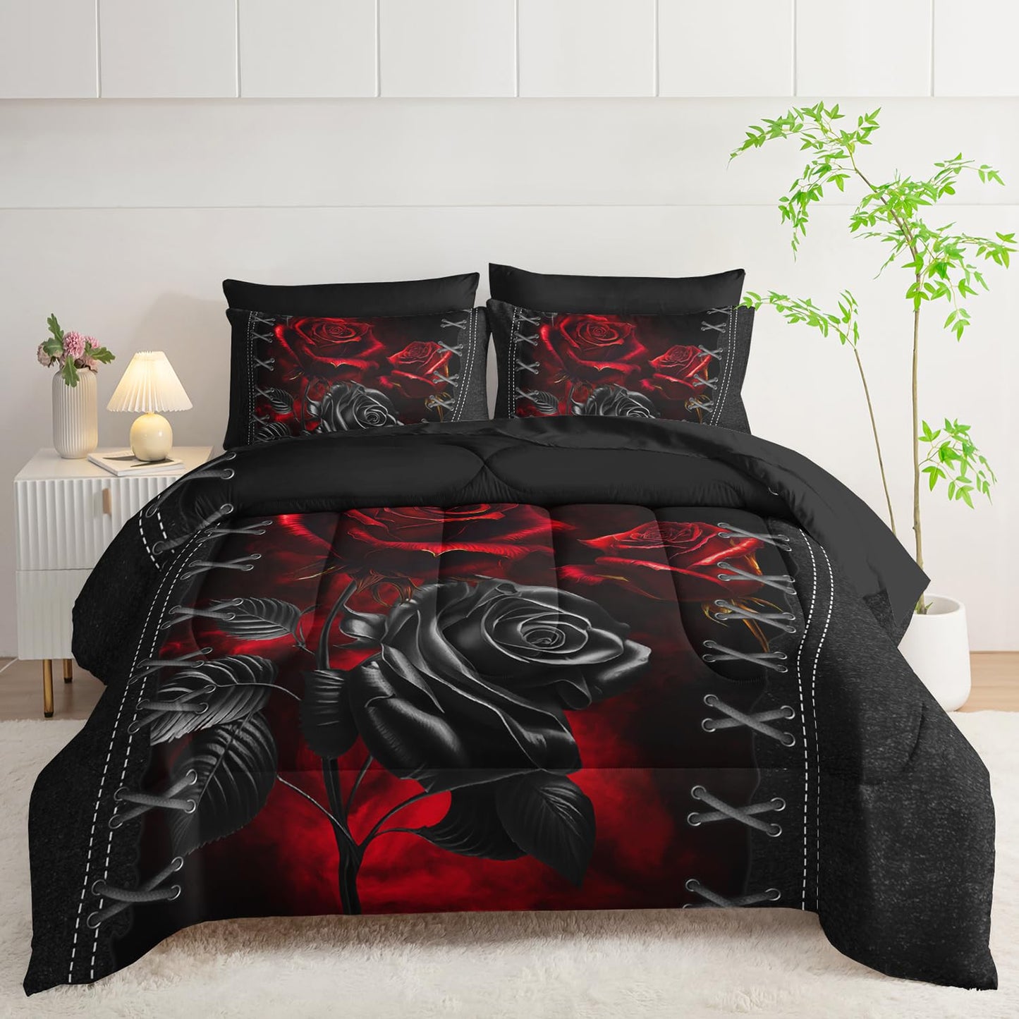 AILONEN Black and Red Rose Comforter Set Full,7-Piece Flower Bed in a Ba,Soft Comforter & Fitted Sheet with Flat Sheet & 2 Pillowcases,2 Pillow Shams for Bedroom