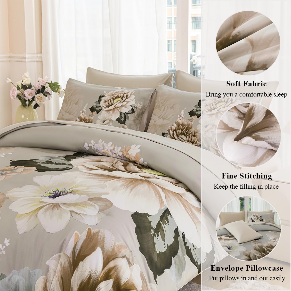 ZSYAYAHA Queen Bed Comforter Set Khaki Floral Bedding Sets Floral Bed Sets for Women Gorgeous 7 Pieces Bed in A Bag with Peony Pattern(Khaki, Queen)