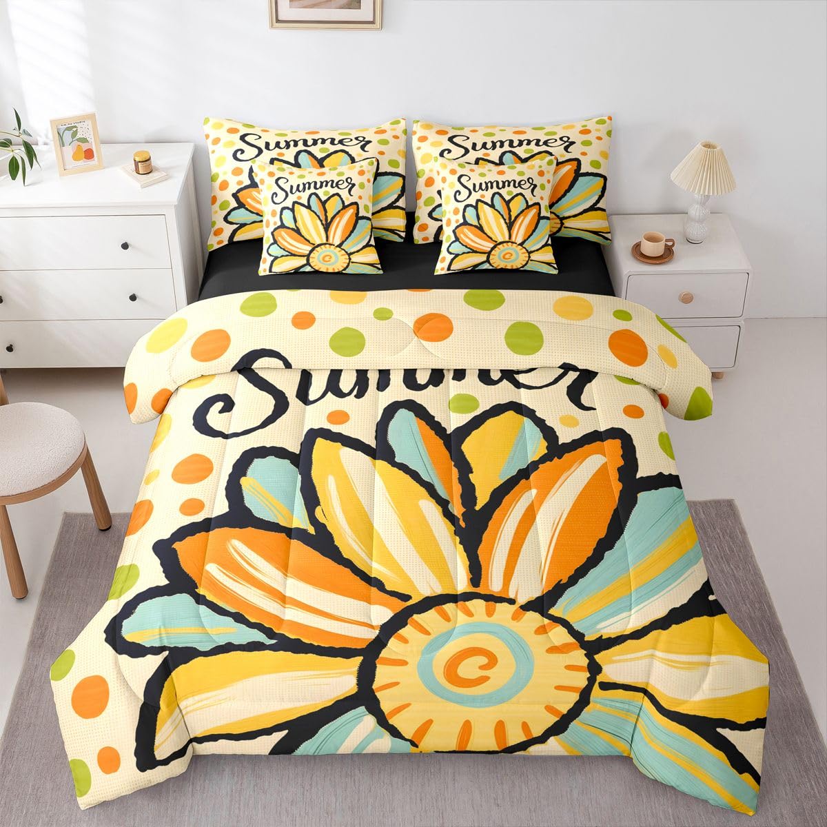 Erosebridal Cute Daisy Queen Bedding Set Retro Polka Dot Comforter Set with Flat and Fitted Sheet Whimsical Summer Colorful Floral 7-Piece Bed in a Bag Kids Friendly Playful Art Quilt Sets