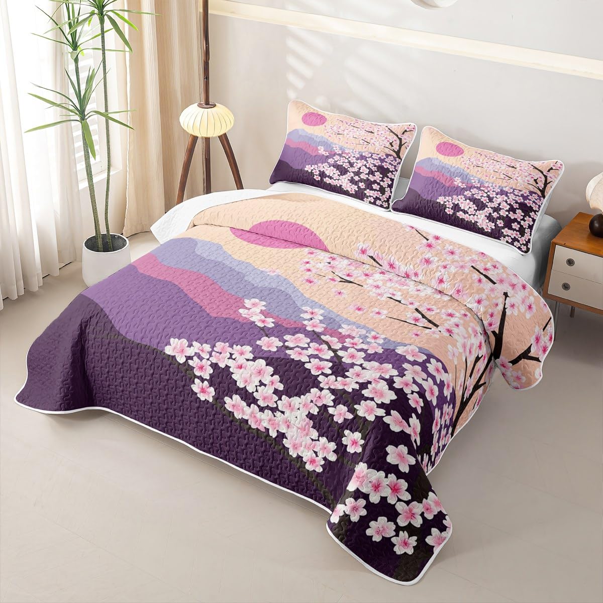 Erosebridal Cherry Blossoms Quilt Full Pink Flowers Quilt Set Japanese Style Quilted Bedspread Branches Plant Floral Bedding Coverlet