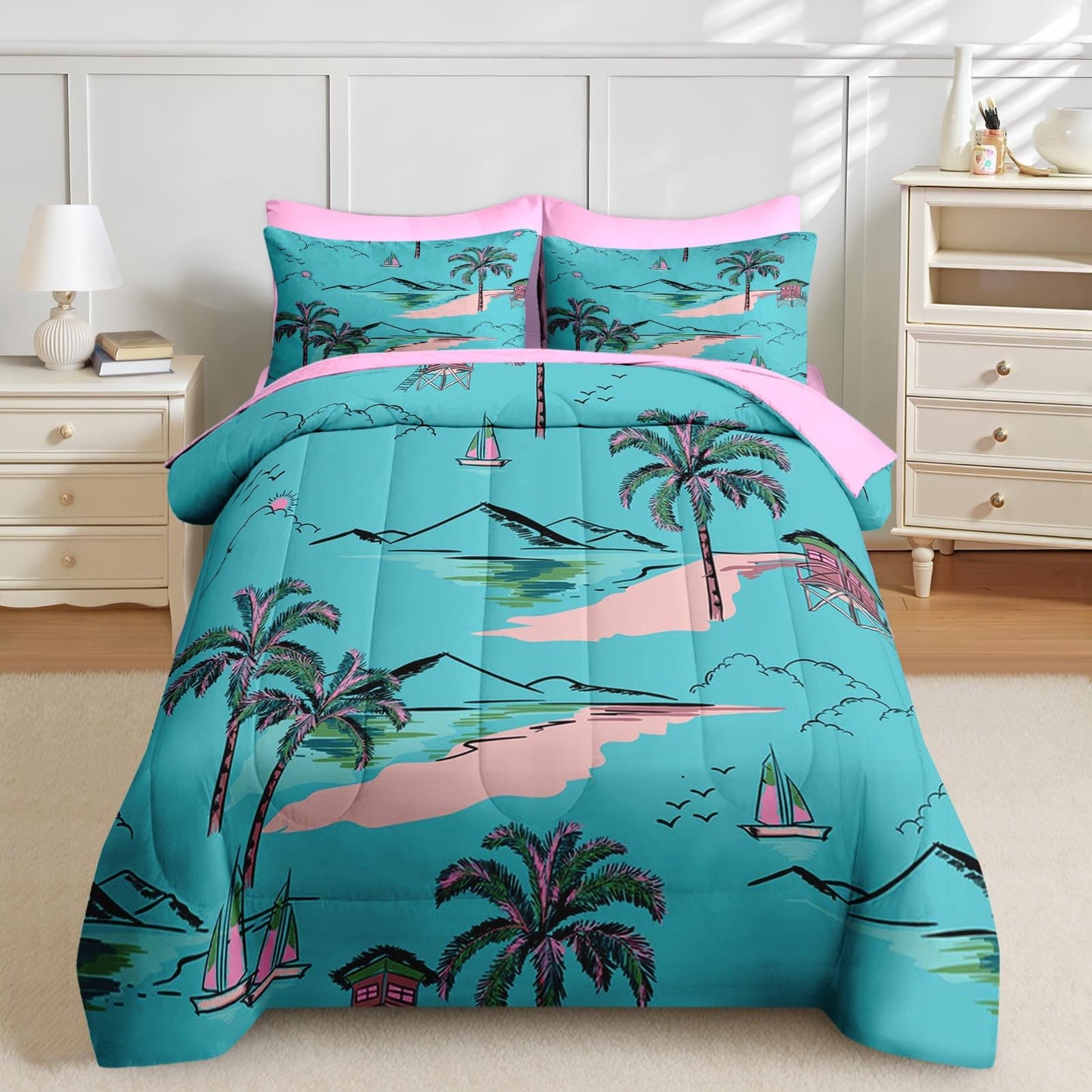 Nesker 7 Pcs Comforter Set Queen Size, Hawaiian Sweet Palm Leaf Bedding Set for Kids and Adults, Beach Ocean Blue-Green Sheets Bed Sheet Sets with Fitted Sheet 2 Pillowcases & 2 Shams