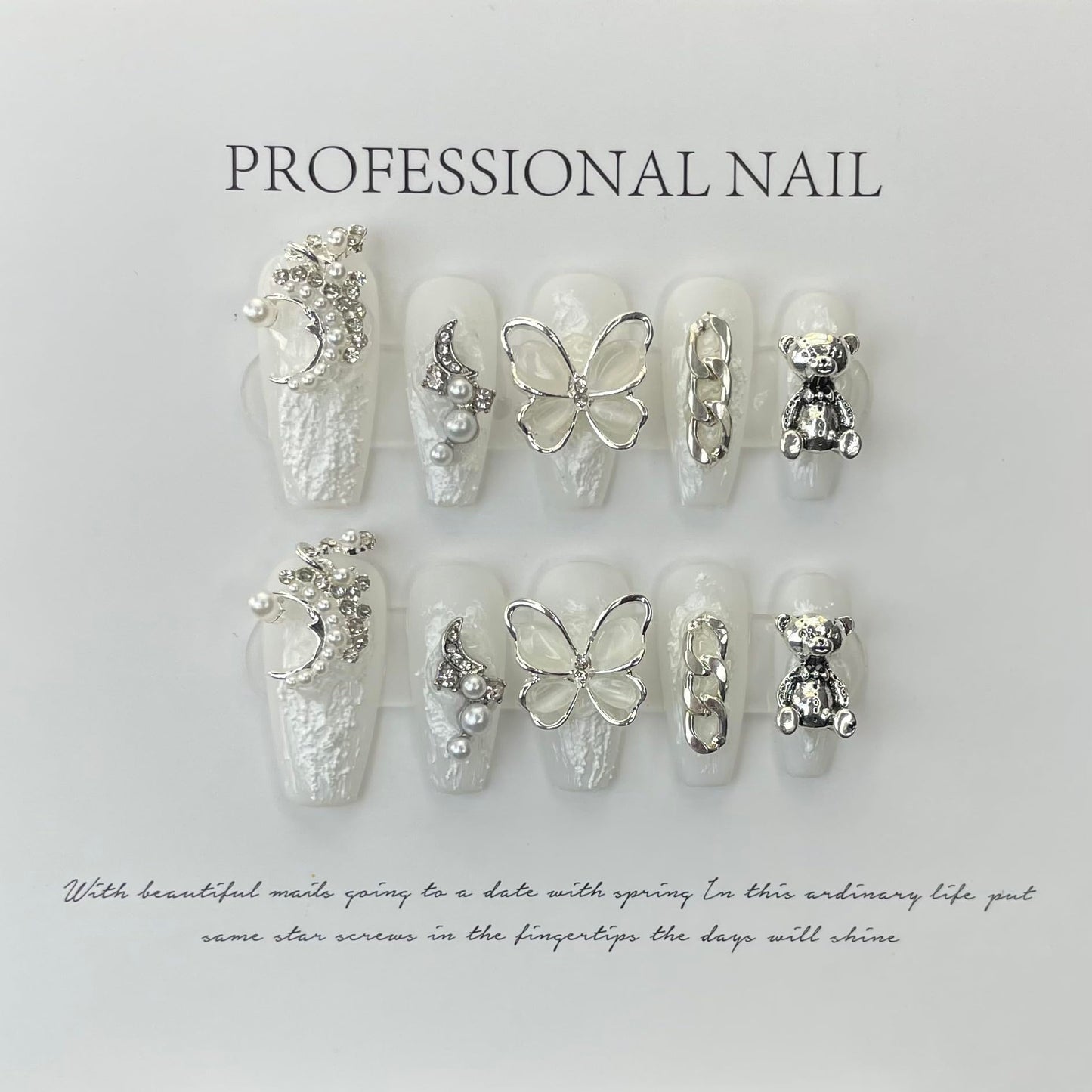 Handmade Press on Nails square Baroque Style Plaster Glue Pure White Decorative Adhesive with Moon Butterfly Pearl and Bear Acrylic Nails Press on Handmade Nails Handmade Nails(L)