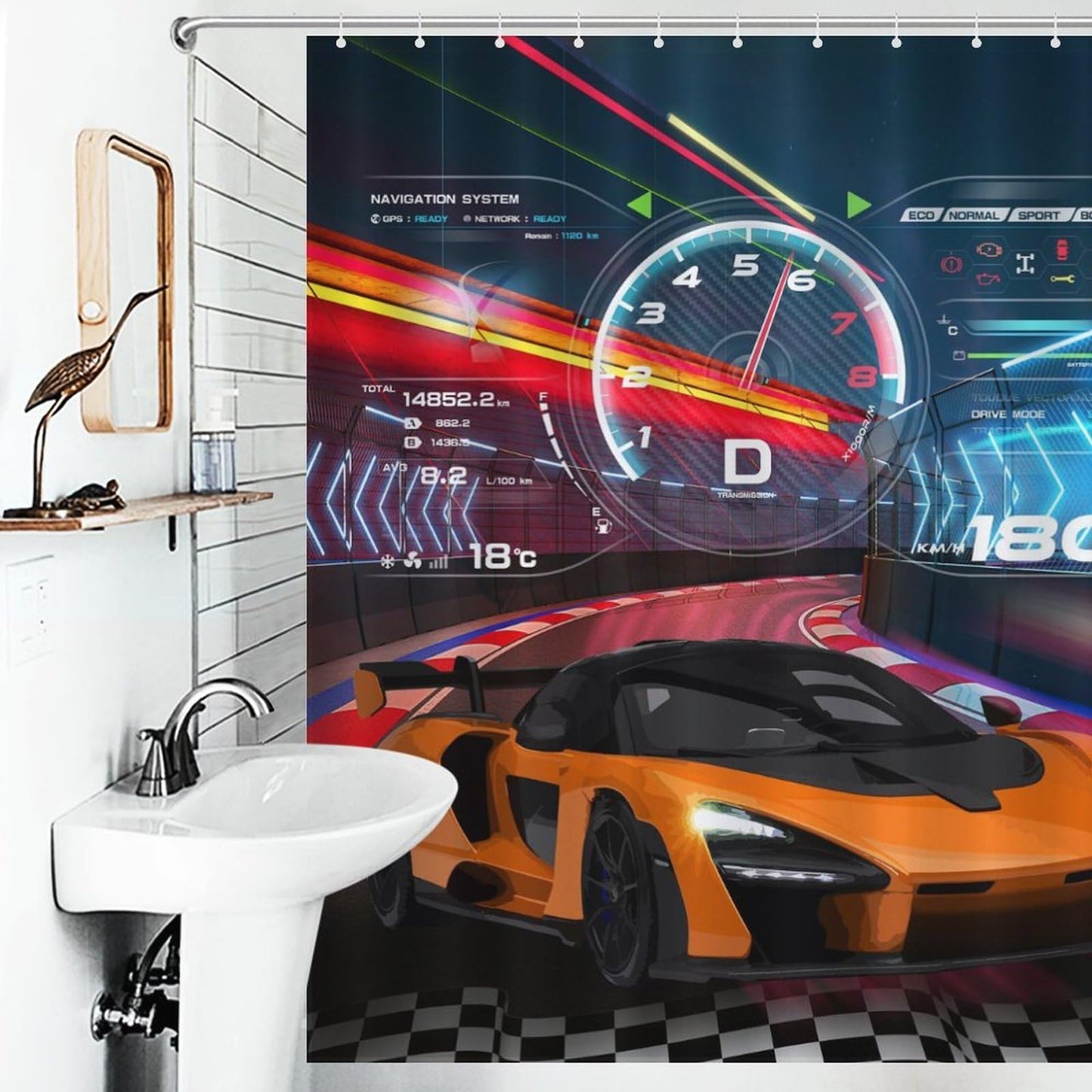 Kids Boys Race Shower Curtain for Bathroom, Extreme Sports Car Raing Theme Cool Game Waterproof Fabric Shower Curtain Set with Hooks, 72"x72" Inch