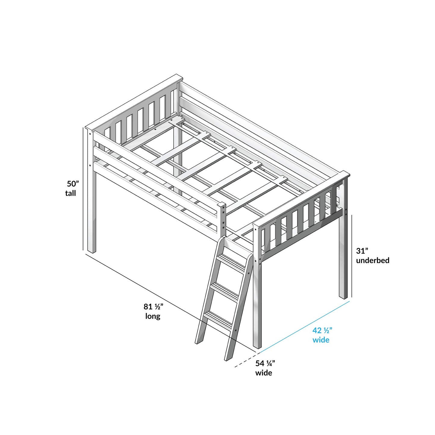 Max & Lily Low Loft Bed, Twin Bed Frame For Kids, White