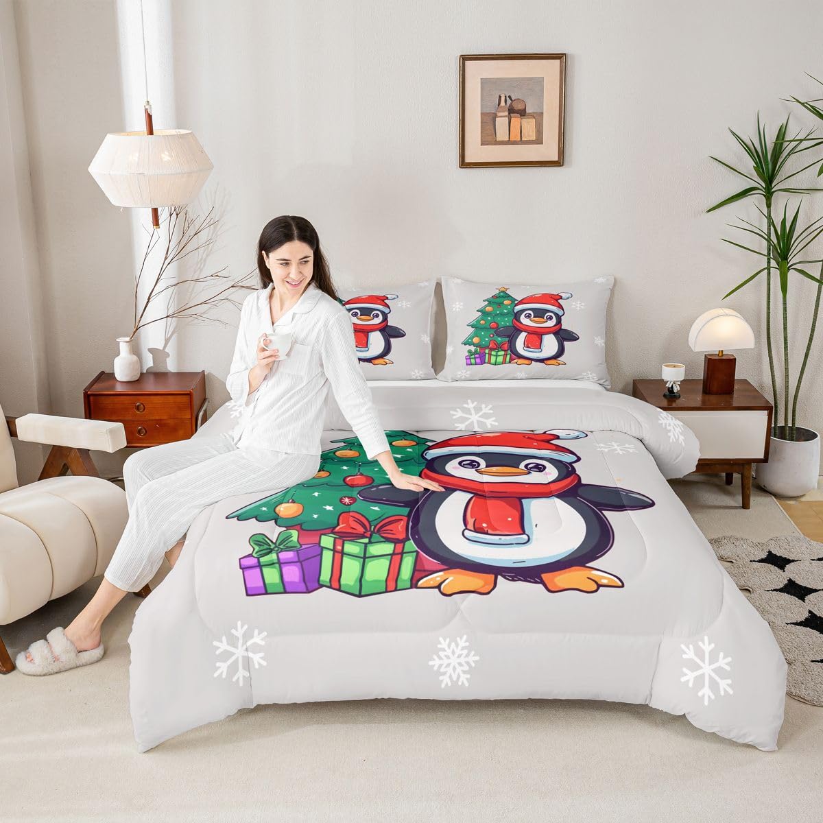 Erosebridal Xmas Penguin Bedding Set Queen Antarctic Animal Print Comforter Set for Kids Boys Girls Santa Hat Penguin Down Comforter,Christmas Tree Snowflake Gifts Quilt Duvet