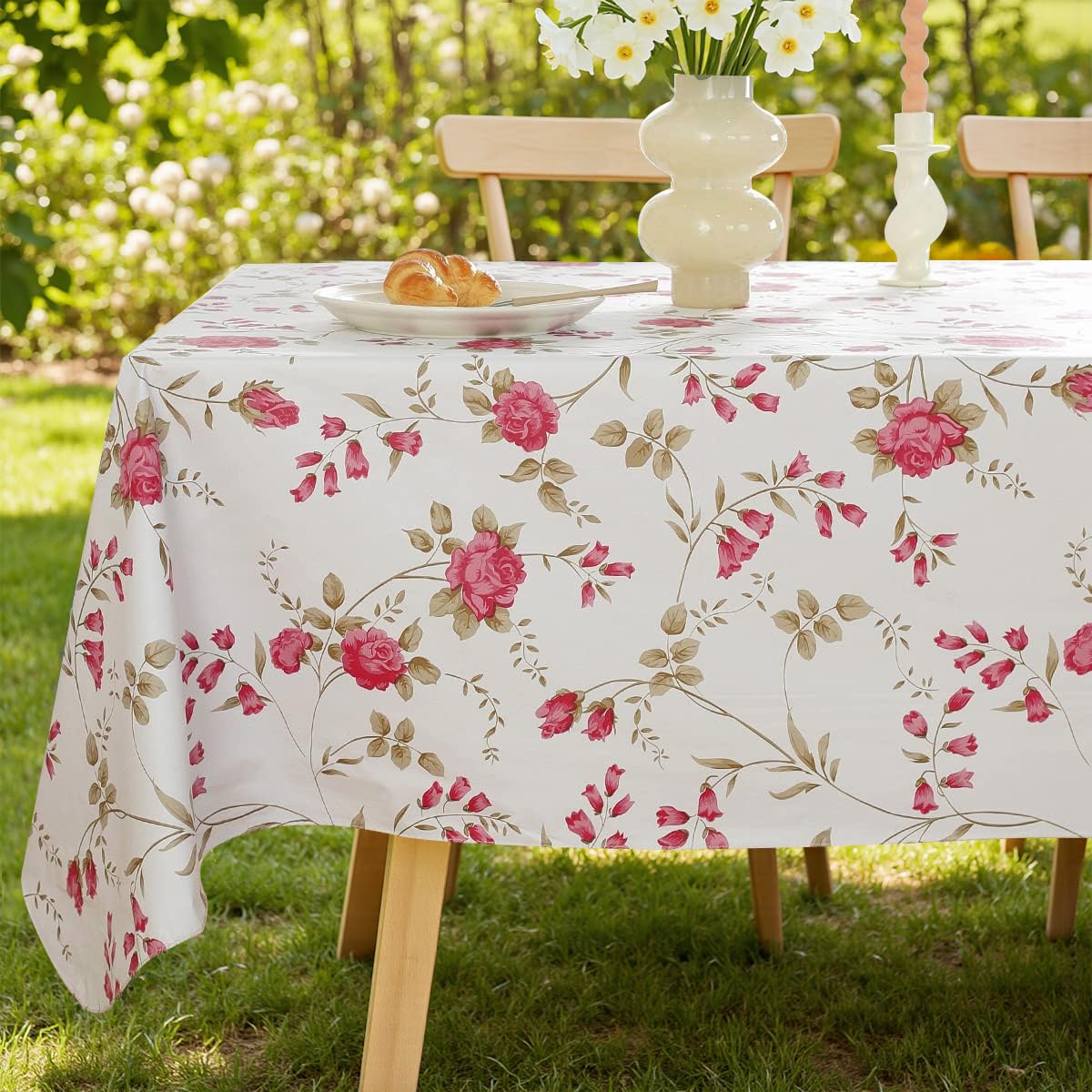 SASTYBALE Spring Summer Vinyl Tablecloth with Flannel Backing Rectangle 60 x 84 Inch, Waterproof & Wipe Clean Thick Plastic Table Cloth, Floral Table Cover for Dining, Party, Picnic, Outdoor, Rose