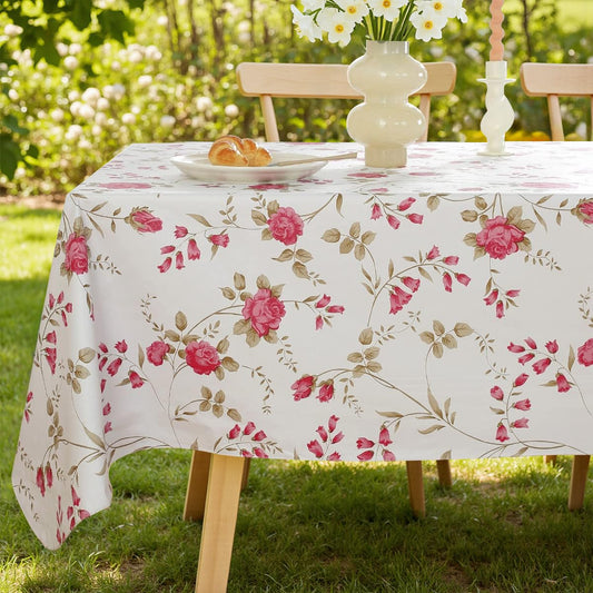 SASTYBALE Spring Summer Vinyl Tablecloth with Flannel Backing Rectangle 60 x 84 Inch, Waterproof & Wipe Clean Thick Plastic Table Cloth, Floral Table Cover for Dining, Party, Picnic, Outdoor, Rose