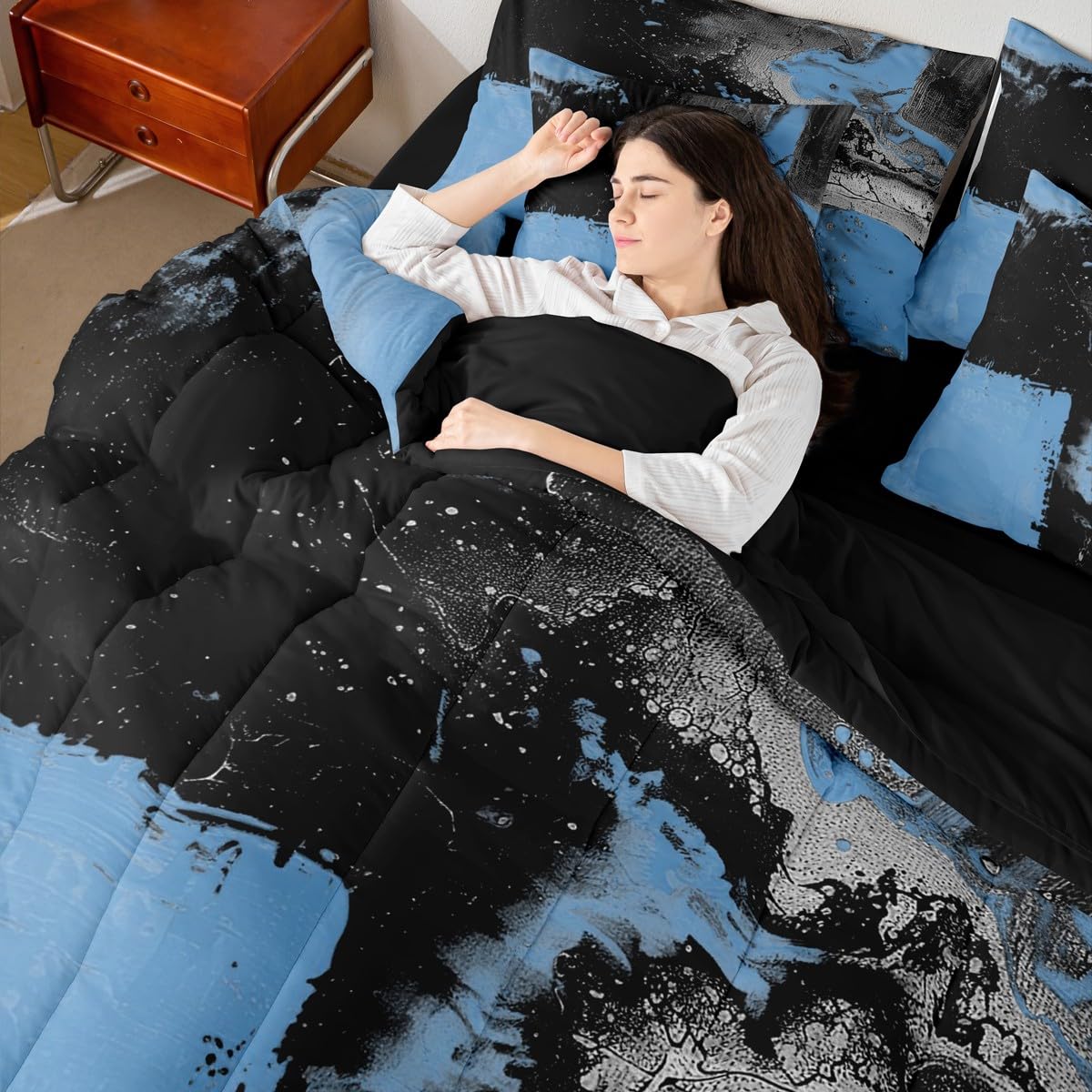 Feelyou Abstract Comforter Set King Size 7 Pieces Modern Abstract Art Bedding Set Luxury Bed in a Bag with Comforter, Sheets, Pillowcases, Cushion Covers Geometric Bedroom Decor Vivid Blue Black