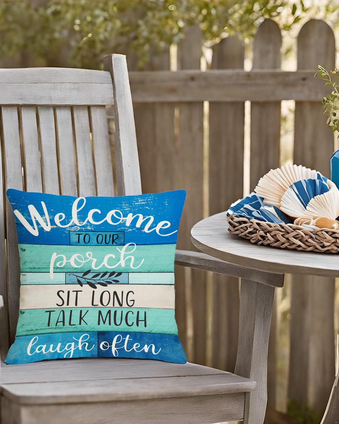 Jartinle Waterproof Outdoor Pillow Covers 18x18 - Turquoise Blue Beige Woodgrain Coastal Farmhouse Welcome to Porch Decorative Cushion Covers for Patio Furniture, Set of 2
