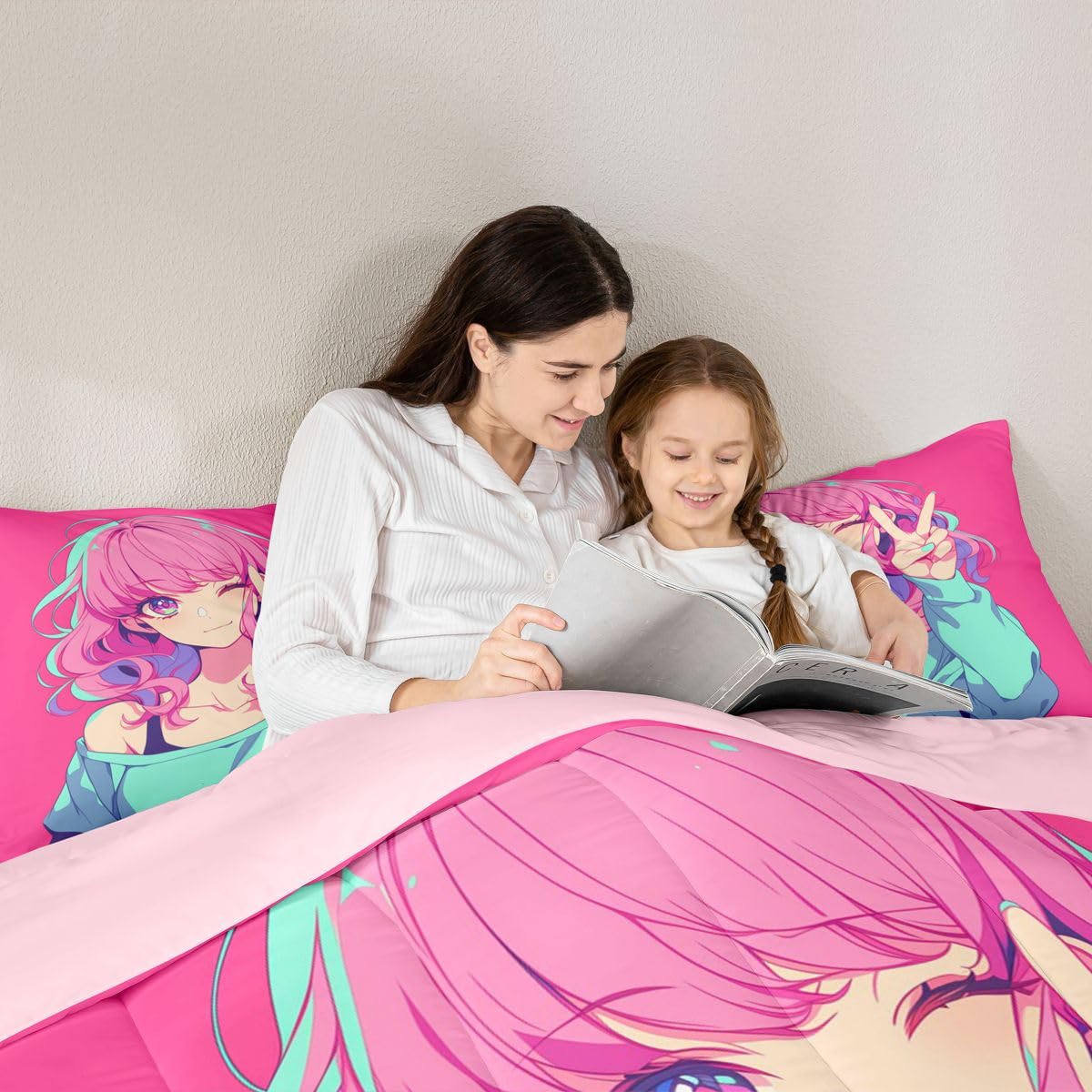 Erosebridal Japanese Anime Bedding 3D Anime Girl Comforter Set 2Pcs, Kawaii Japanese Style Bedding Comforter Sets Cartoon Uniform Girl Duvet Insert for Girls Hot Pink Room Decor, Twin