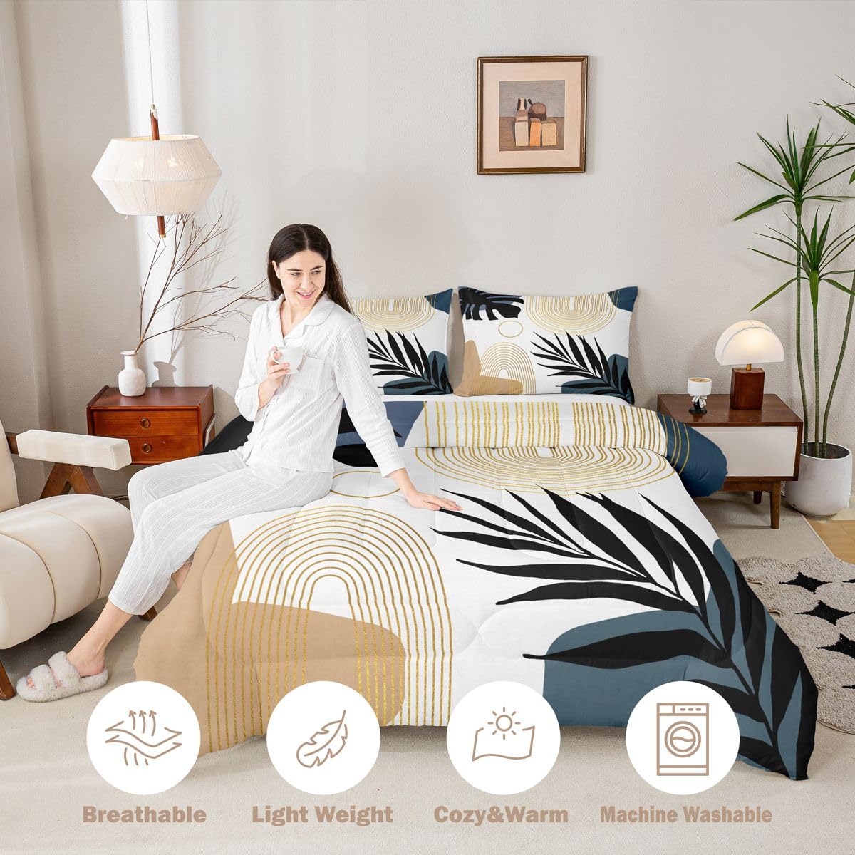 Erosebridal Abstract Tropical Twin Bedding Set, Chic Boho Plant Palm Leaf Comforter Set for Adults, Bohemian Mid Century Simple Minimalist Comforter, Modern Geometric Lines Aesthetic Quilt