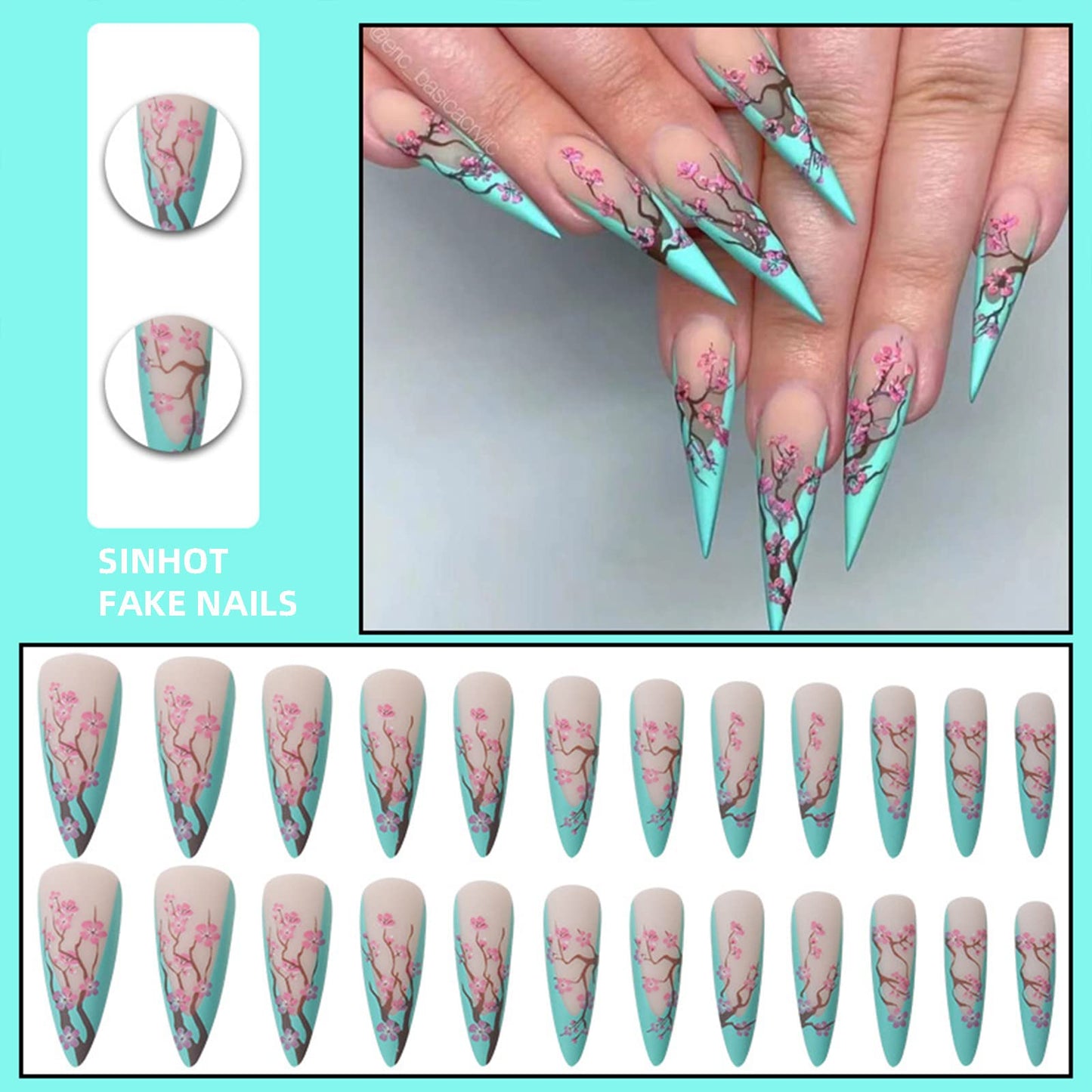 SINHOT Long Press On Nails Stiletto False Nails French Tip Fake Nails Ombre Glue on Nail Plum Blossom Acrylic Nail with Designs for Women and Girls