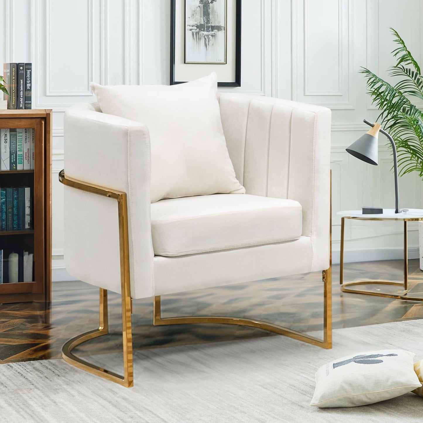 Newnno Velvet Accent Chairs Set of 2, Mid Century Modern Upholstered Barrel Armchair with Pillow for Living Room, Comfy Single Club Chair with Metal Gold Legs for Bedroom, White