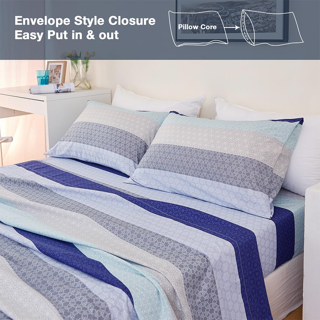 JSD Blue Striped Sheet Set Queen Size, 4 Piece Soft Printed Microfiber Sheet Set Extra Deep Pocket