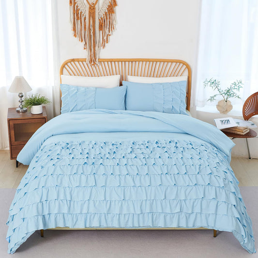 PERFEMET Ruffles Comforter Set 3 Pieces Light Blue Queen Comforter Set Shabby Chic Bedding Sets for Women Teen Girls Fluffy for All Season