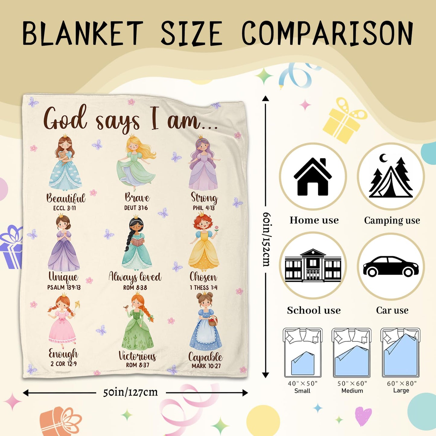 CIUGOIG Christian Gifts for Girl, God Says I Am Princess Blanket 50"x60", Inspirational Religious Birthday Gifts for Girls Princess Lover Bible Verse Blanket, Christian Princess Gifts