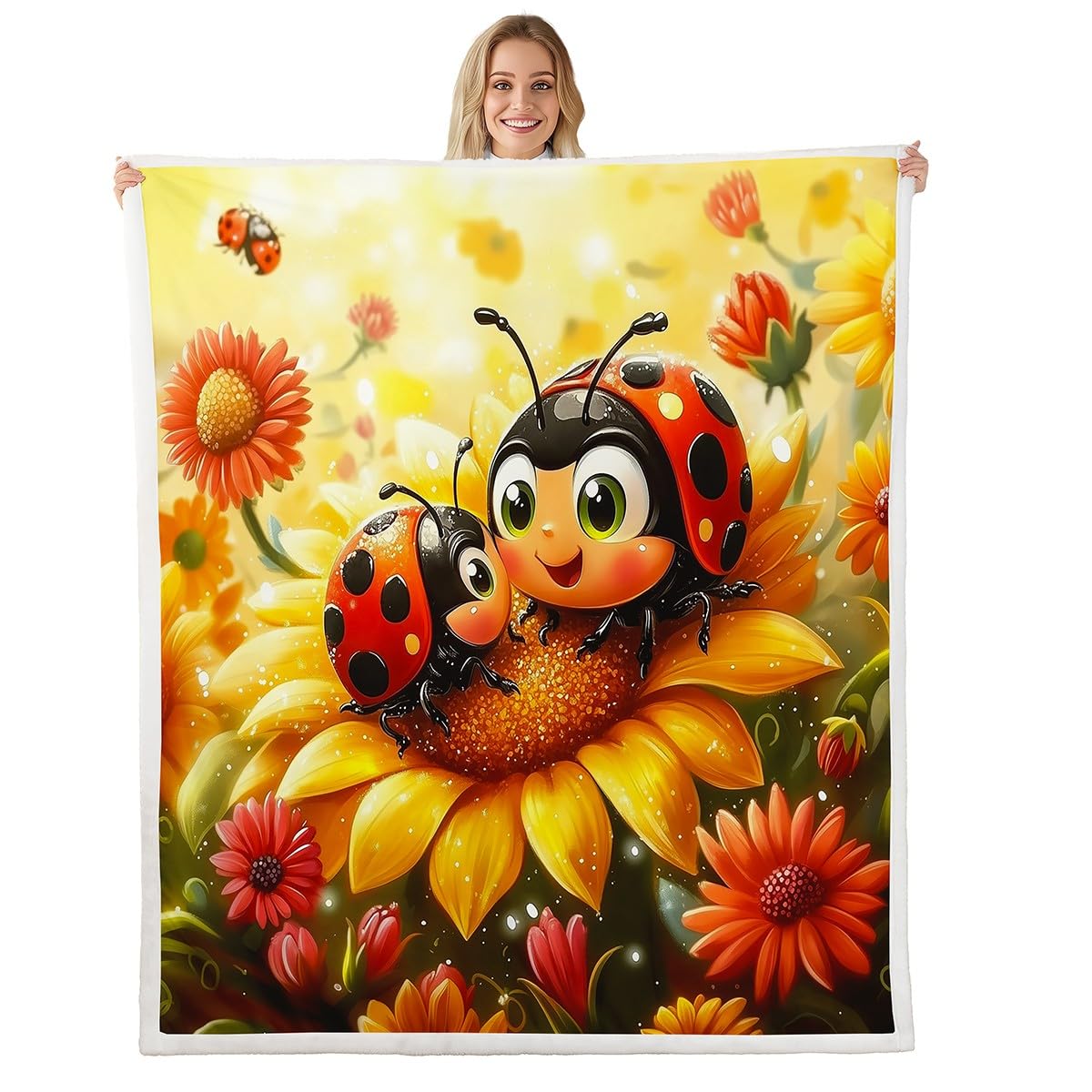 Erosebridal Ladybugs Throw 50"X60" Fleece Blankets Cute Cartoon Ladybird Throw Bed Blanket Yellow Sunflowers Reptile Sherpa Blankets for Kids Boys Girls,Watercolor Floral Plants Fuzzy Blanket