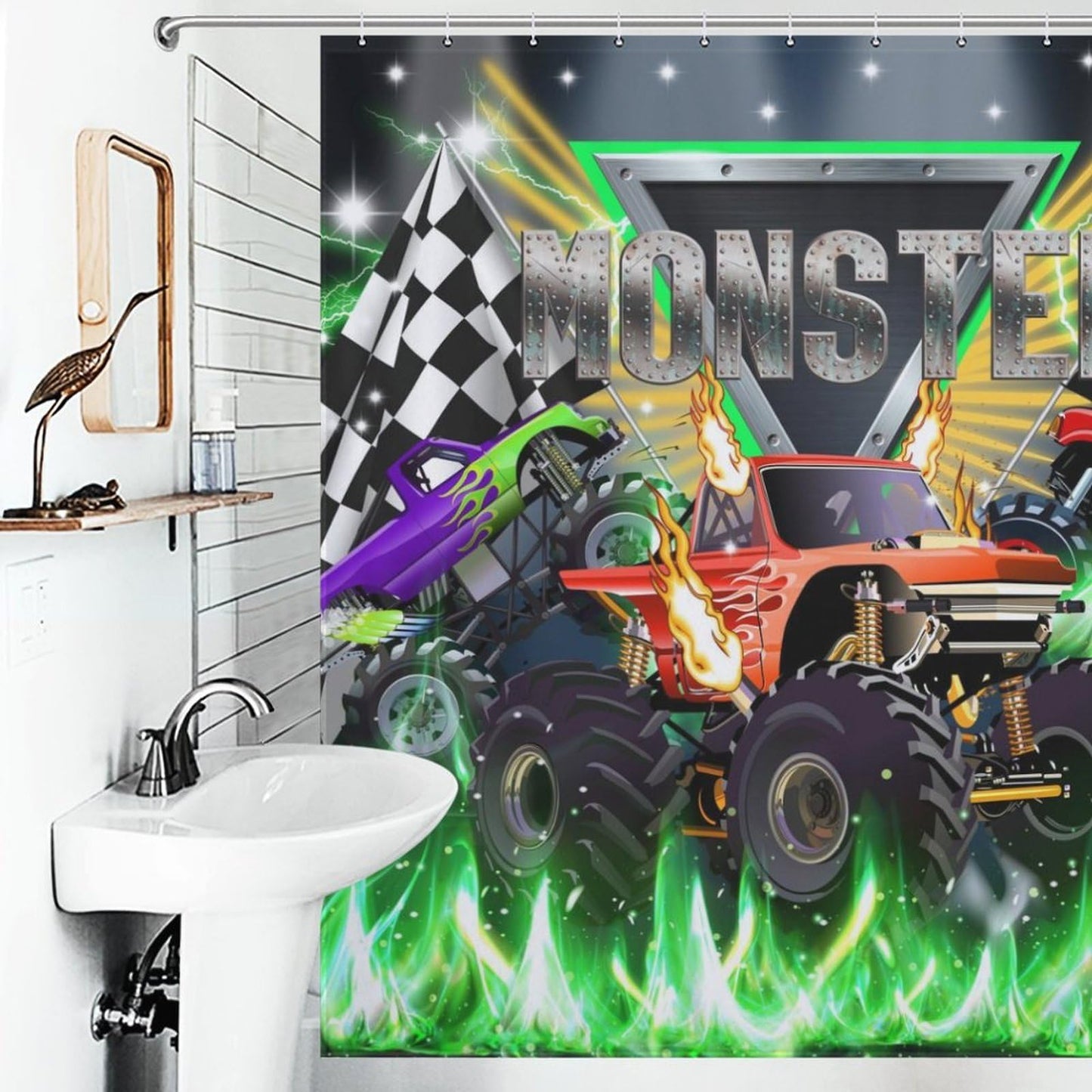Lnepty Racing Car Kids Shower Curtains,3D Fleet Racing Car Stadium Game Cool Monster Truck Theme Decor Curtains Waterproof Fabric Bathroom Shower Curtain Set with Hooks,72x72Inch