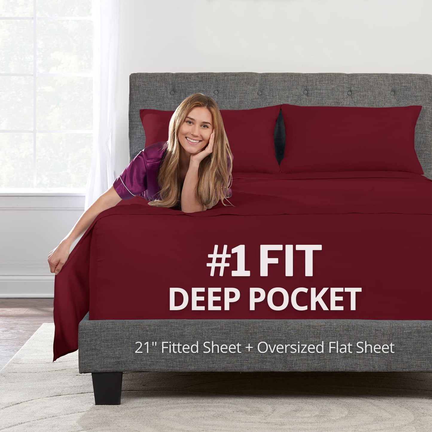 Deep Pocket King Size Sheets – 21” Extra Deep Pocket King Size Sheets – [4 Piece Set] King Bed Sheets Oversize Flat Sheet, Fitted Sheet, 2 Zippered Pillowcases 18”–23” Deep King Sheets – Burgundy