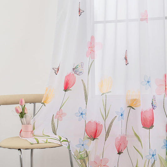 youleyar Floral Sheer Curtains for Living Room 63 Inches Long 2 Panels White Semi-Sheer Curtain with Flower/Butterfly Printed Pattern Summer/Spring Rod Pocket Voile Drapes for Bedroom, W52 x L63