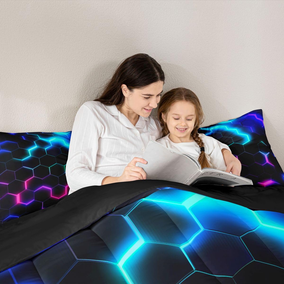 Castle Fairy 3D Honeycomb Comforter Set Twin Size,Neon Hexagon Theme Quilt Set Pink Blue Bedding 2pcs,Fashion Duvet Insert 1 Pillowcase,Black