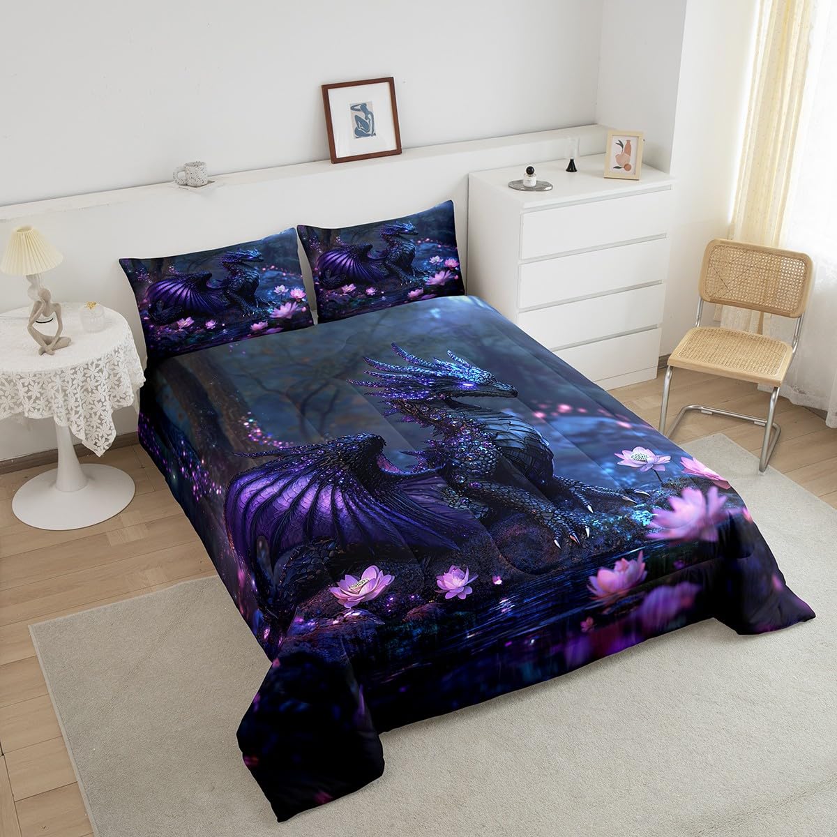 Feelyou Dragon Comforter Set Twin Size Dragon Stuff Comforter for Boys Girls Teens Wild Life Bedding Set Flower Duvet Set Room Decor Black Purple Quilt Set