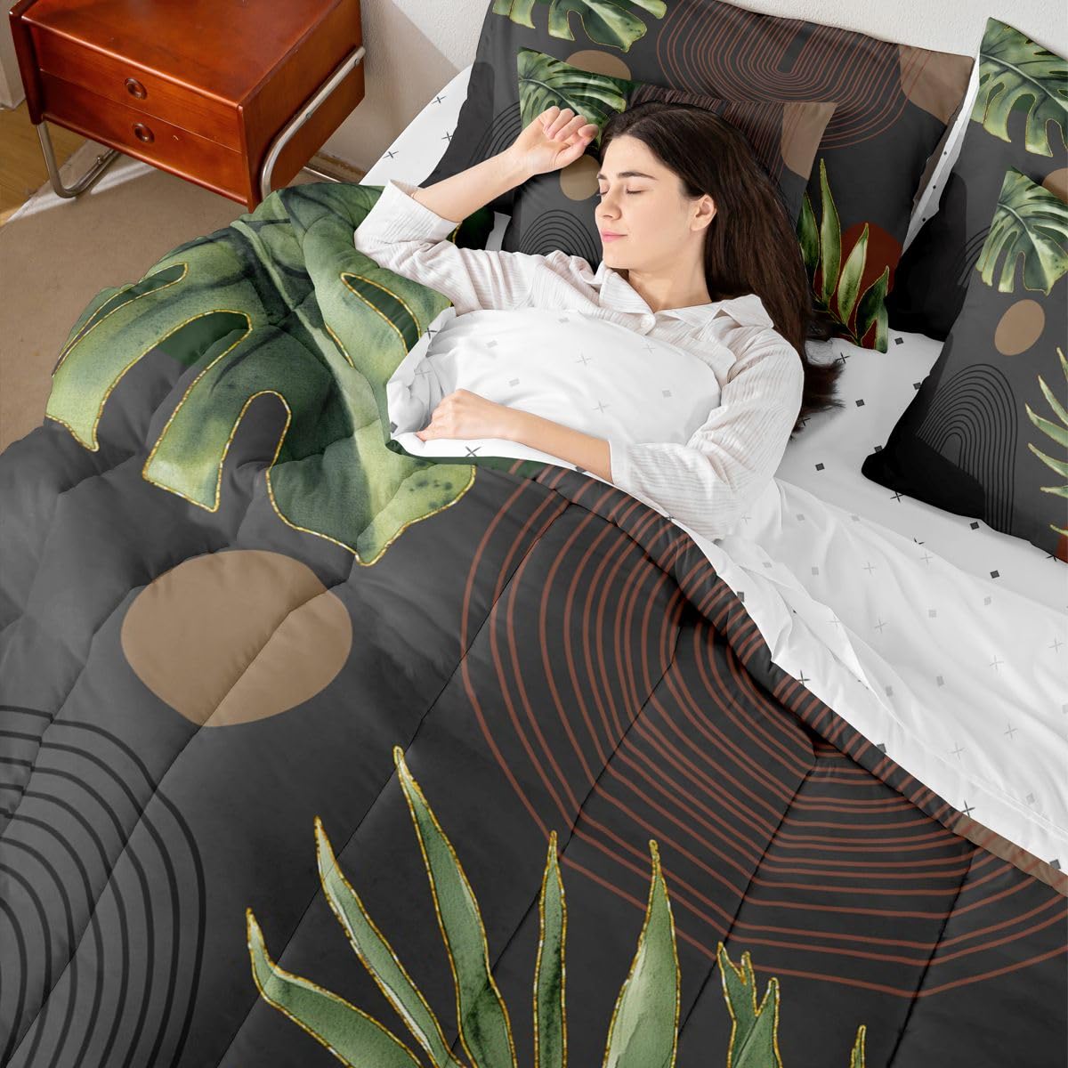Erosebridal Black Green Brown Boho Full Comforter Set with Sheets, Abstract Mid Century Simple 7 Pcs Bedding Set, Retro Tropical Leaves Bed in A Bag, Modern Minimalist Aesthetic Geometric Bed Sets