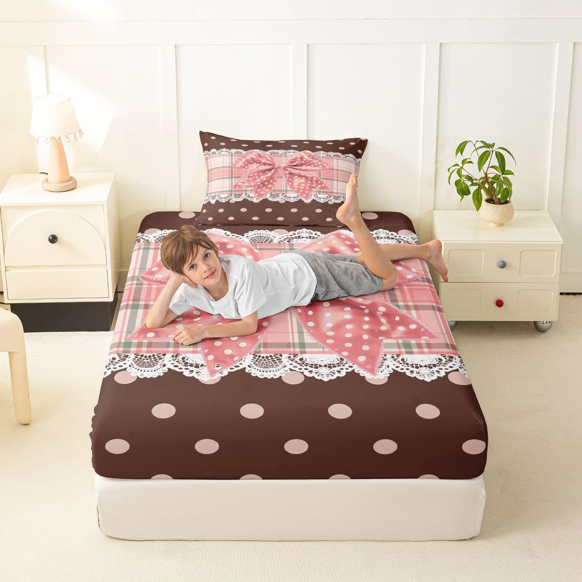jejeloiu Plaid Bowknot Fitted Sheet Twin Size for Kids Boys Girls Polka Dots Bed Sheets Set 16" Deep Pocket Soft Breathable Microfiber Pink Brown Bow Bedding with 1 Pillowcase Room Decor