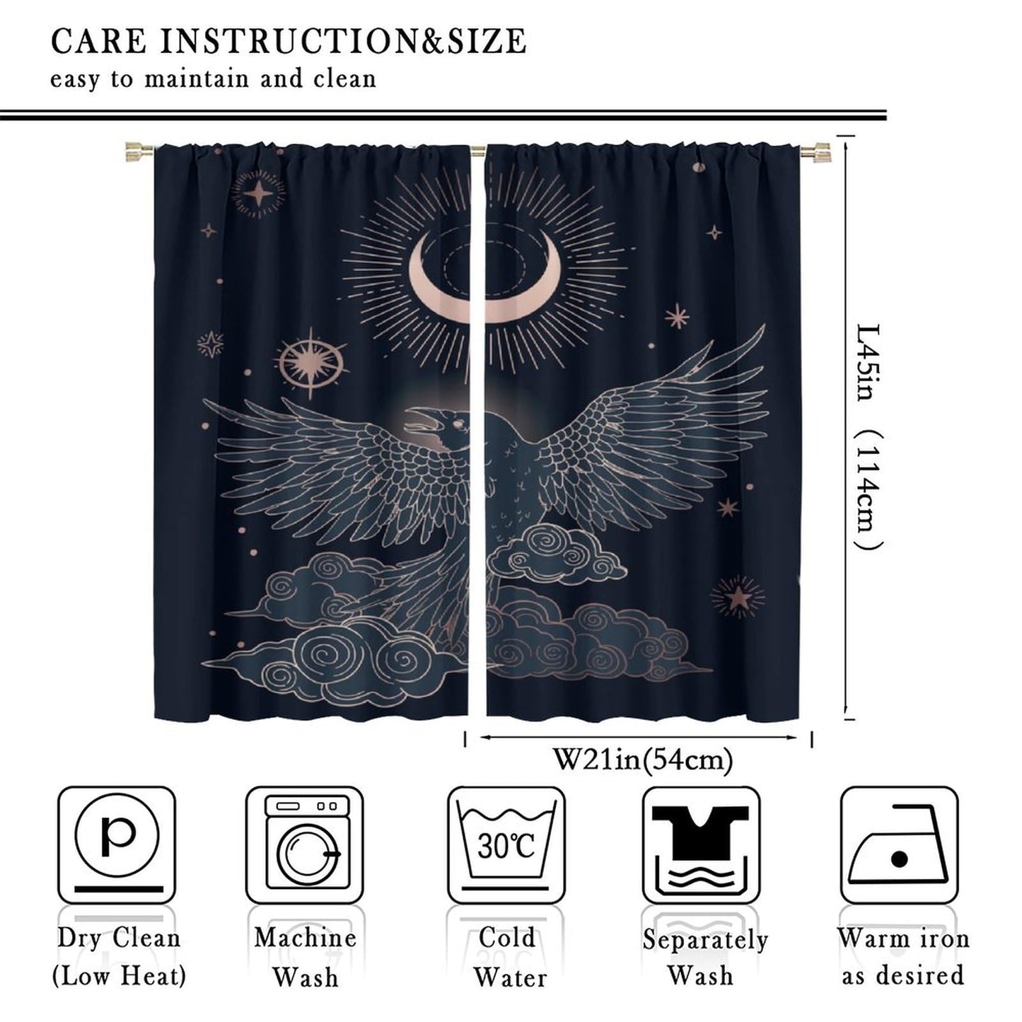 DDCBNS Boho Crow Curtains,Bohemian Style Black Birds Raven Moon Star Print Window Treatments for Bedroom Living Room Kitchen Window Drapes 2 Panel Set,Total Size 42 x 45 Inch