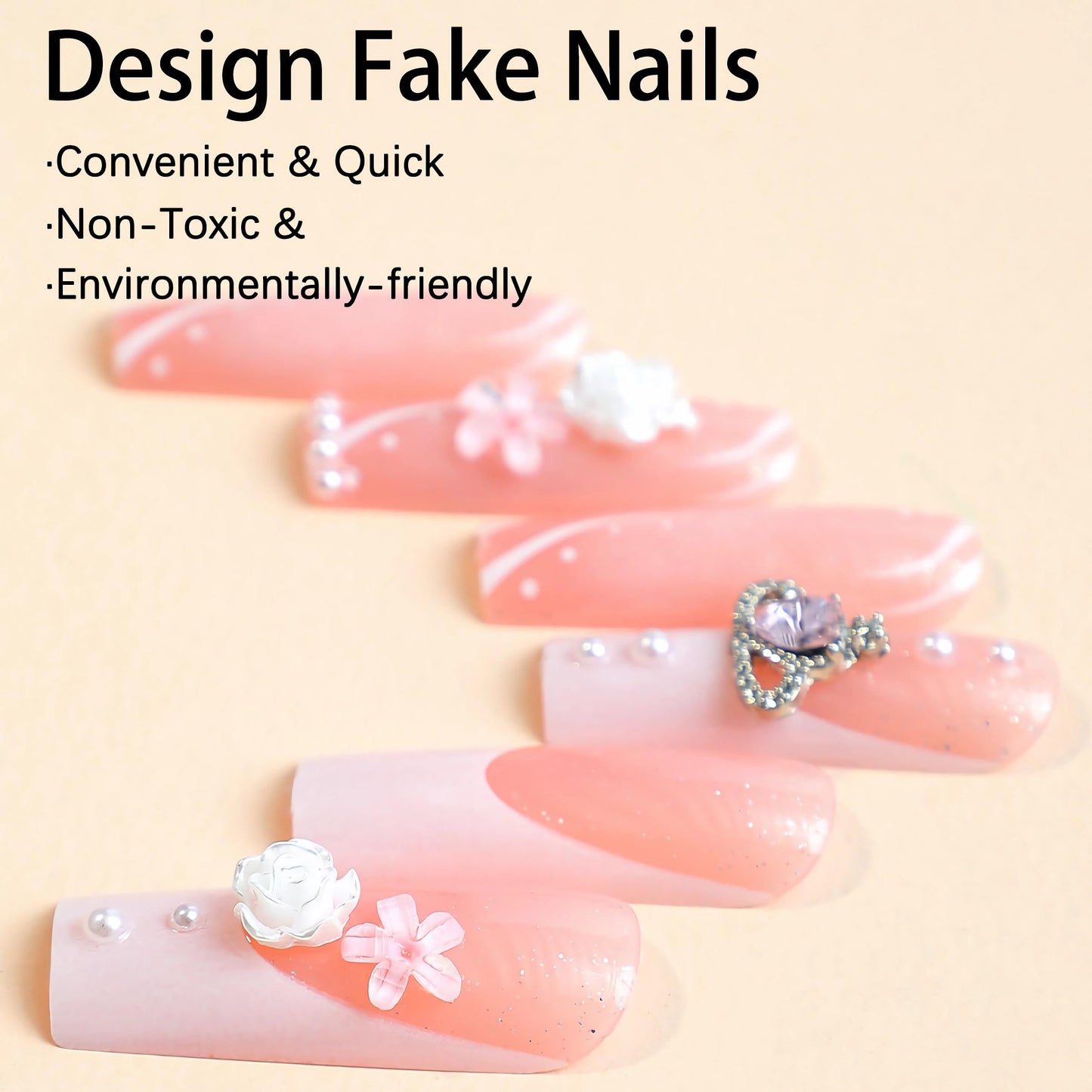 BABALAL Long Square Press on Nails, Pink White French Tip 3D Flower Bow Rhinestone Glitter Design Acrylic Nails Squoval for Women and Girls 24 Pieces