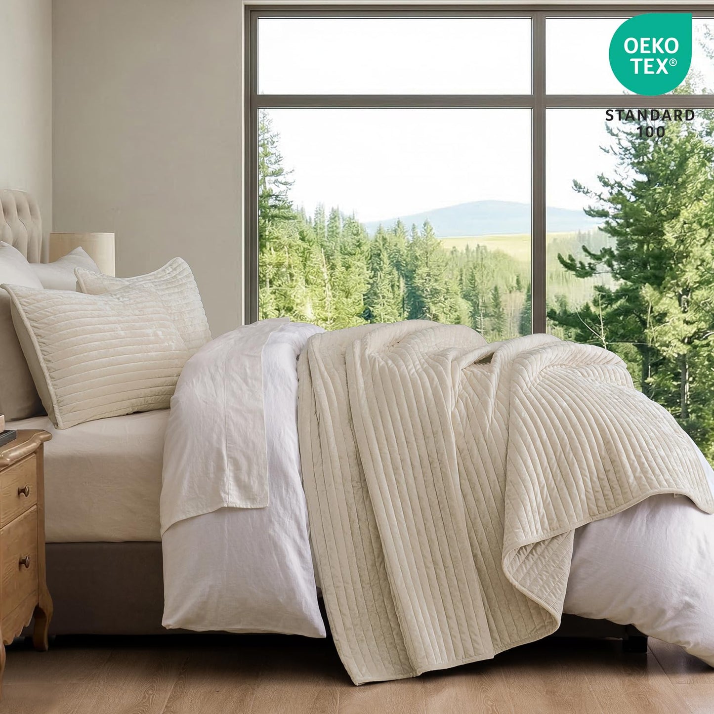 PHF Luxury Velvet Quilt Set Queen Size – 3PCS Ultra Soft Quilted Comforter Alternative with Striped Channel, Cozy Quilted Bedspread, 1 Coverlet with 2 Matching Shams, 90" x 92", Sand
