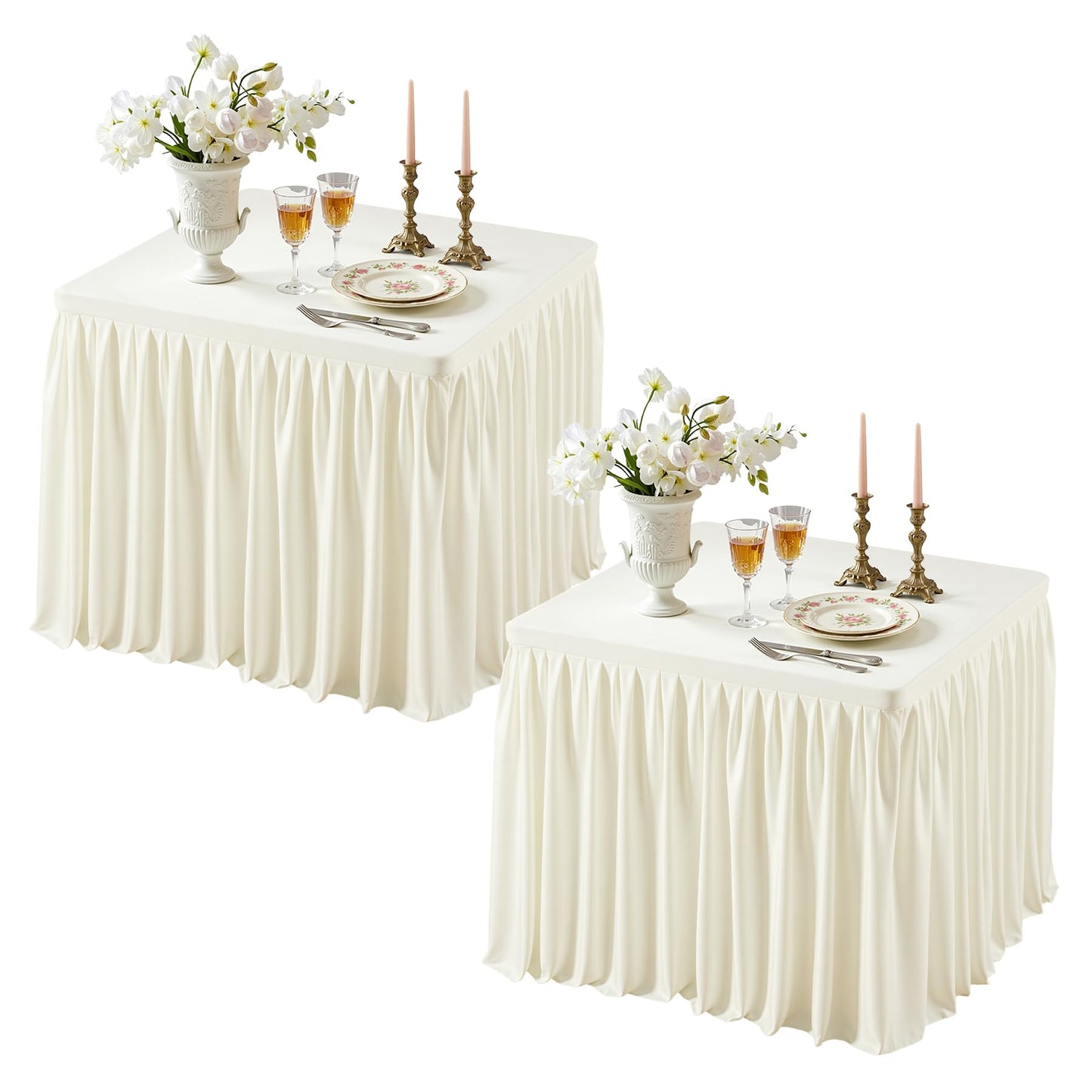Ivory Square Tableloths 34x34 Inch 2 Packs, Stretch Fitted Square Table Cloth Washable Fabric Card Table Cover with Pleated Ruffle Skirt for Dining,Kitchen,Buffet Parties,Trade Show,Vendor Stand